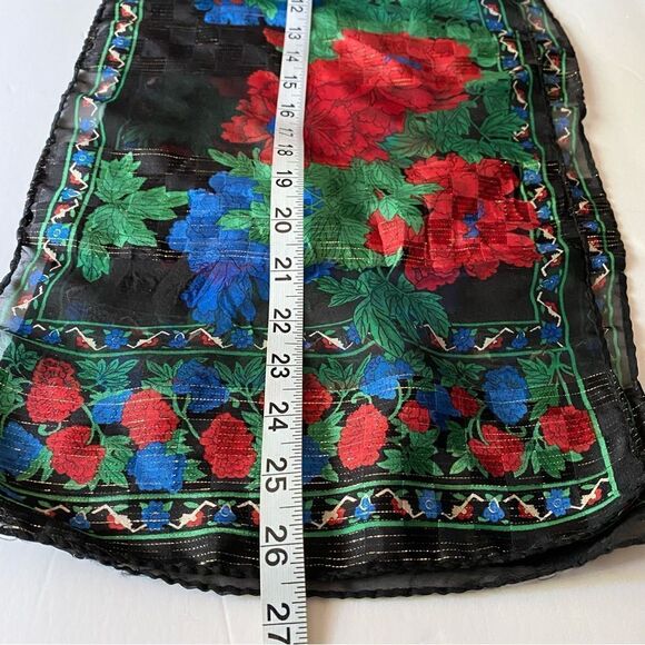 Bold bright blue red floral print pattern scarf silky wrap gold  threating 11x54 - Picture 5 of 5